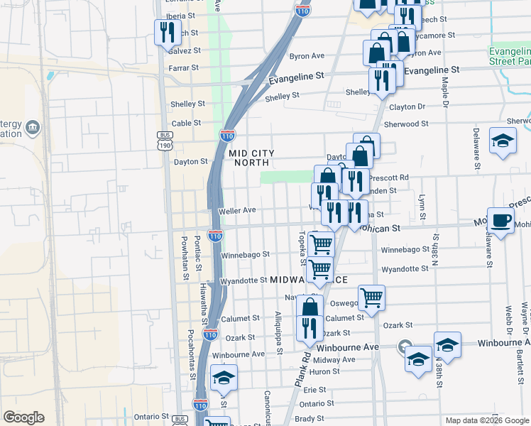 map of restaurants, bars, coffee shops, grocery stores, and more near 4028 Uncas Street in Baton Rouge