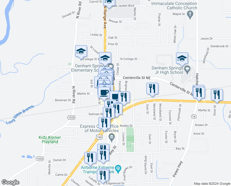 map of restaurants, bars, coffee shops, grocery stores, and more near 130 North Hummell Street in Denham Springs