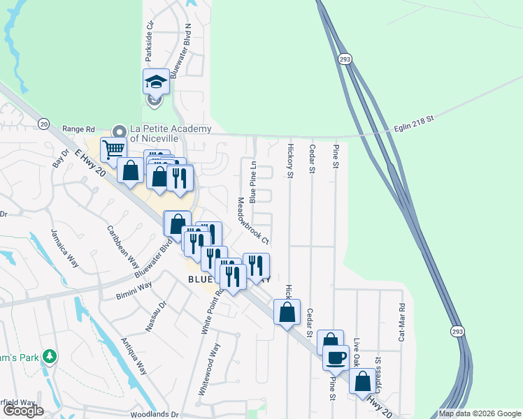 map of restaurants, bars, coffee shops, grocery stores, and more near 105 Midland Court in Niceville