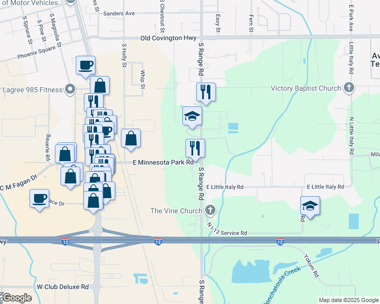 map of restaurants, bars, coffee shops, grocery stores, and more near 43242 Creek Circle in Hammond