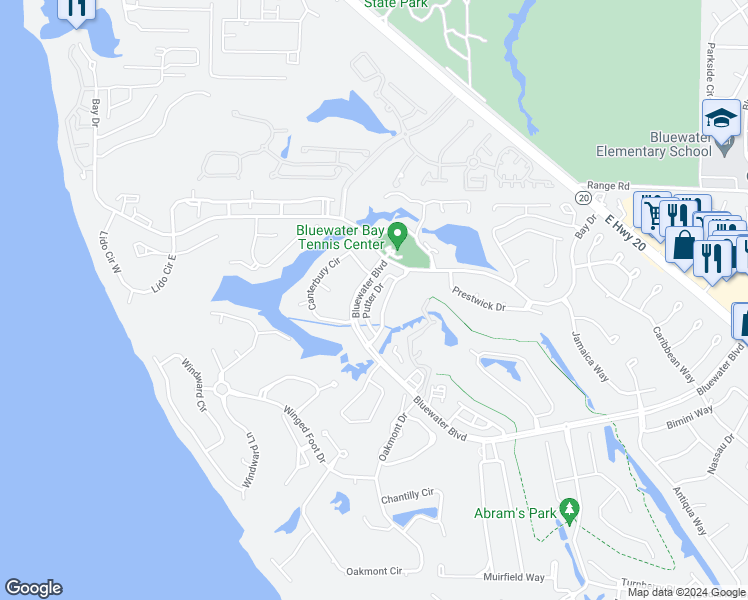 map of restaurants, bars, coffee shops, grocery stores, and more near 722 Putter Drive in Niceville