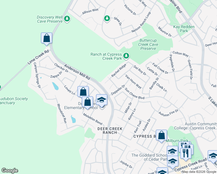 map of restaurants, bars, coffee shops, grocery stores, and more near 2207 Rachel Ridge in Cedar Park