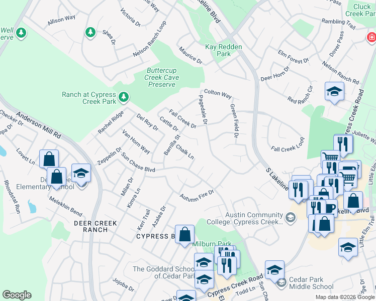 map of restaurants, bars, coffee shops, grocery stores, and more near 1712 Cattle Drive in Cedar Park