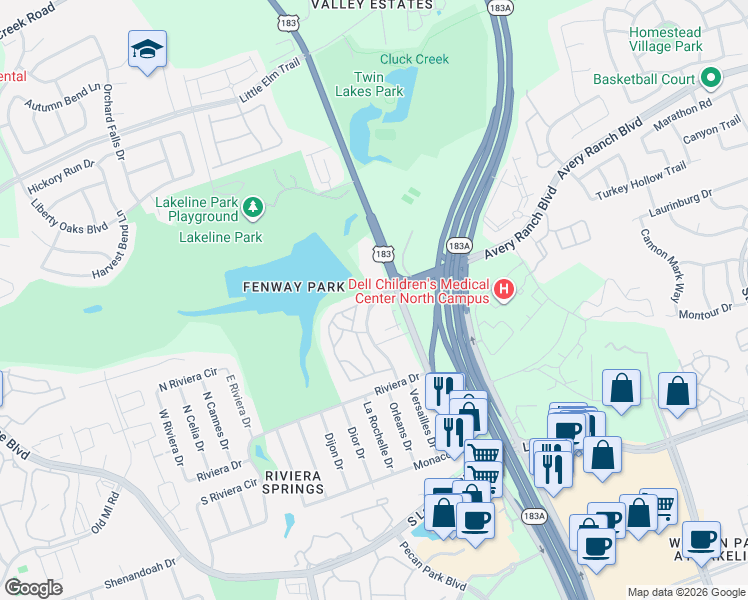 map of restaurants, bars, coffee shops, grocery stores, and more near in Cedar Park
