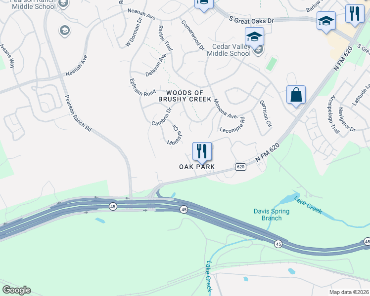 map of restaurants, bars, coffee shops, grocery stores, and more near 15409 Montoya Cove in Austin