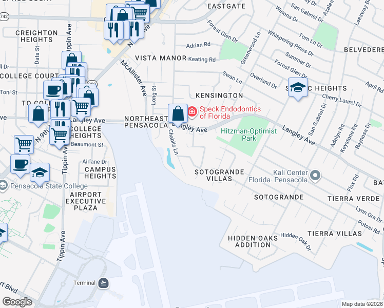 map of restaurants, bars, coffee shops, grocery stores, and more near 2962 Meredith Drive in Pensacola
