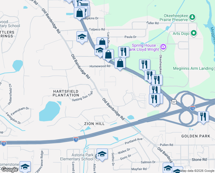 map of restaurants, bars, coffee shops, grocery stores, and more near 1609 Misty Garden Way in Tallahassee