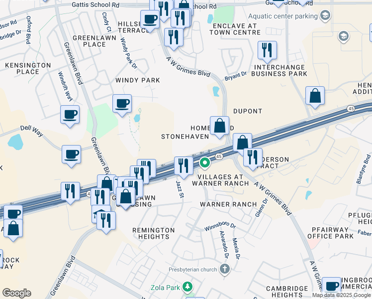 map of restaurants, bars, coffee shops, grocery stores, and more near 500 Louis Henna Boulevard in Round Rock