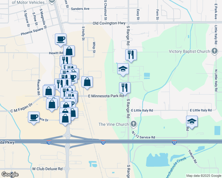 map of restaurants, bars, coffee shops, grocery stores, and more near 16195 East Minnesota Park Road in Hammond