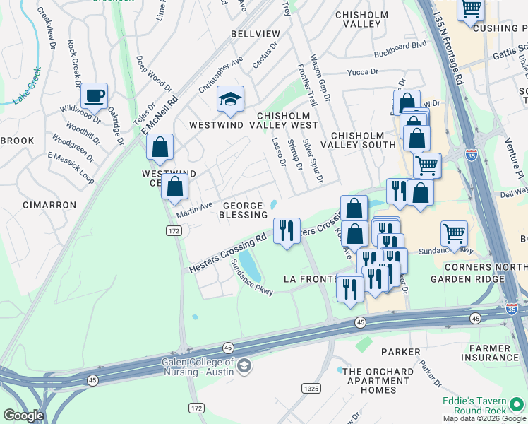map of restaurants, bars, coffee shops, grocery stores, and more near 2608 Mobil Street in Round Rock