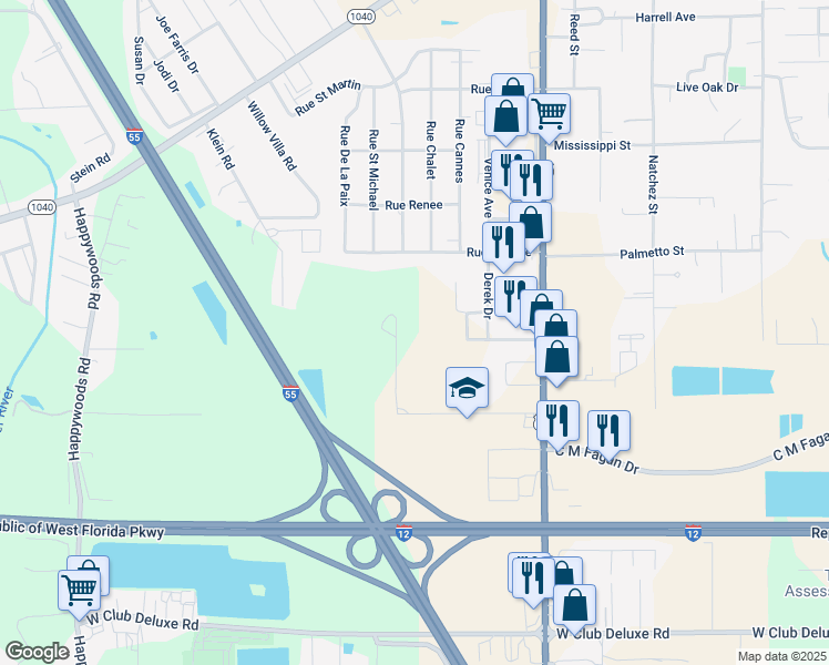 map of restaurants, bars, coffee shops, grocery stores, and more near 15835-0 De Marco Lane in Hammond