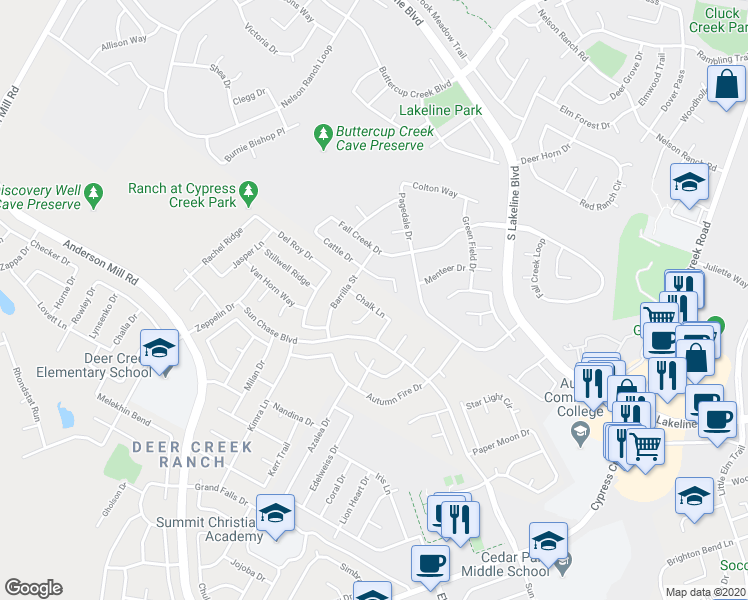 map of restaurants, bars, coffee shops, grocery stores, and more near 1310 Chalk Lane in Cedar Park