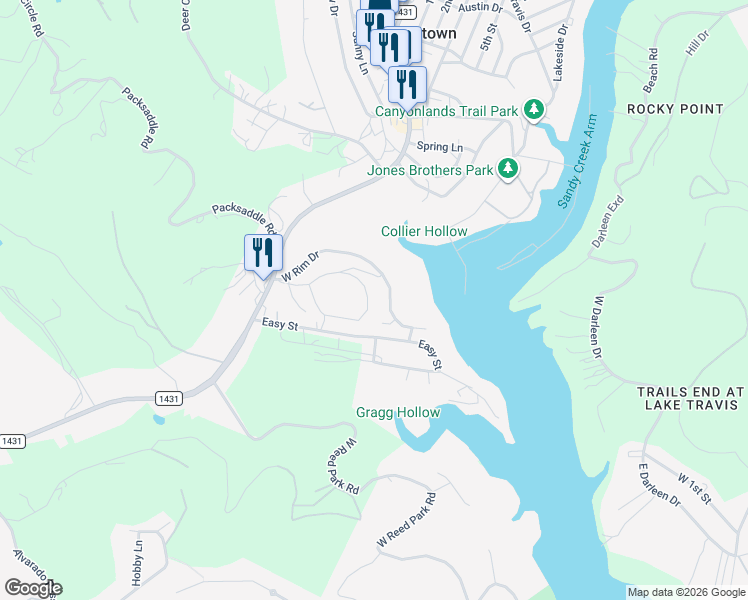 map of restaurants, bars, coffee shops, grocery stores, and more near 18310 West Rim Drive in Jonestown