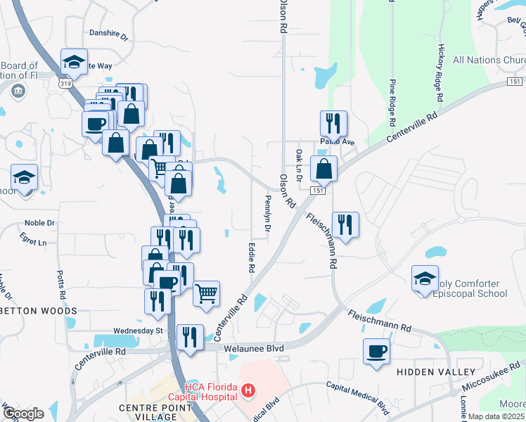 map of restaurants, bars, coffee shops, grocery stores, and more near 2500 Pennlyn Drive in Tallahassee