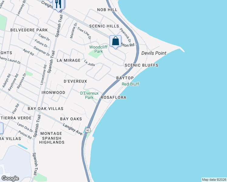 map of restaurants, bars, coffee shops, grocery stores, and more near 6448 Rosaflora Lane in Pensacola