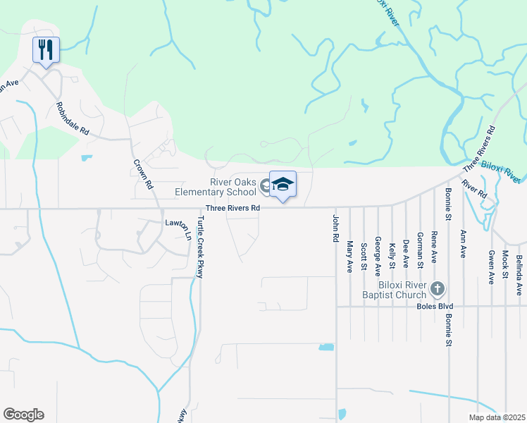 map of restaurants, bars, coffee shops, grocery stores, and more near 14111 Three Rivers Road in Gulfport