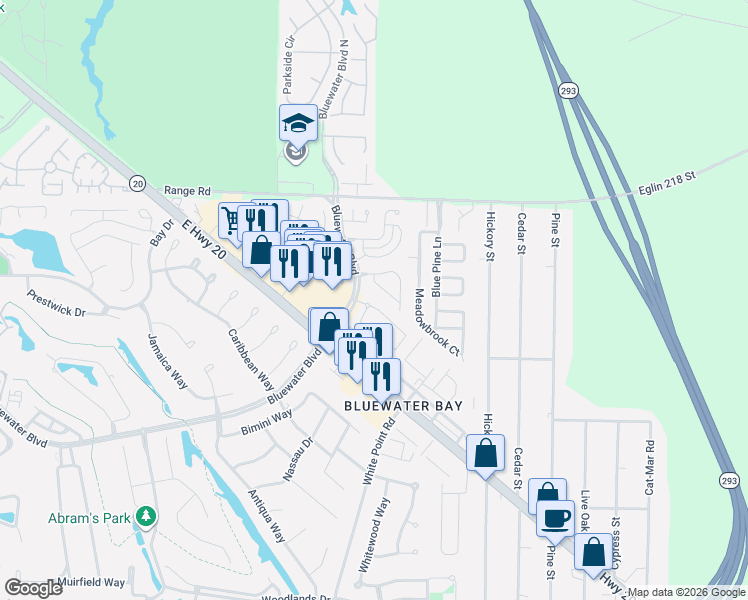 map of restaurants, bars, coffee shops, grocery stores, and more near 406 Parkwood Place in Niceville