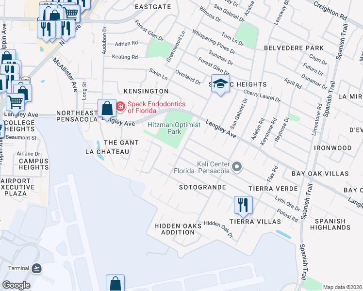 map of restaurants, bars, coffee shops, grocery stores, and more near 5415 Hibiscus Road in Pensacola
