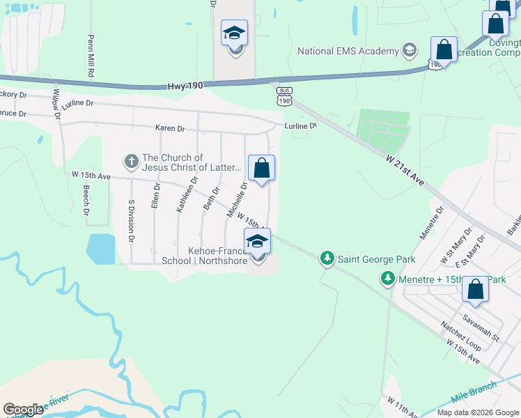 map of restaurants, bars, coffee shops, grocery stores, and more near 18 Patricia Drive in Covington