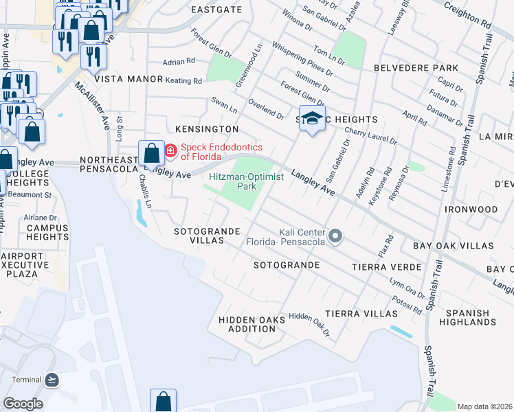 map of restaurants, bars, coffee shops, grocery stores, and more near 5415 Hibiscus Road in Pensacola