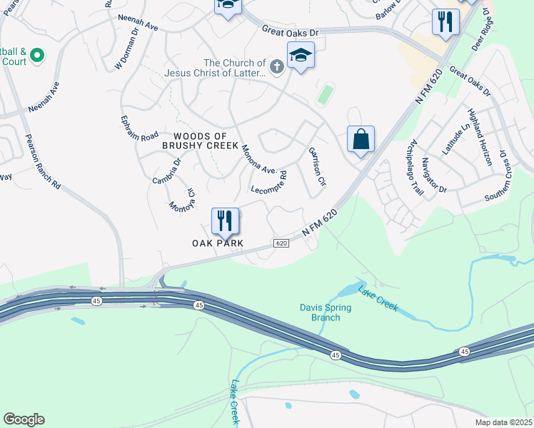 map of restaurants, bars, coffee shops, grocery stores, and more near 15603 Poynette Place in Austin