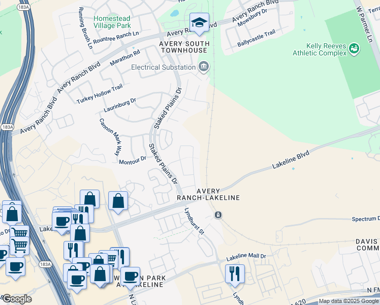 map of restaurants, bars, coffee shops, grocery stores, and more near 13817 Wiregrass Way in Austin
