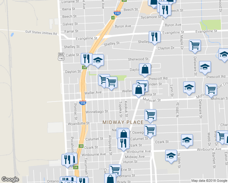 map of restaurants, bars, coffee shops, grocery stores, and more near 4001 Geronimo Street in Baton Rouge