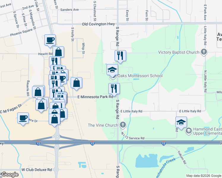 map of restaurants, bars, coffee shops, grocery stores, and more near 43242 Creek Circle in Hammond