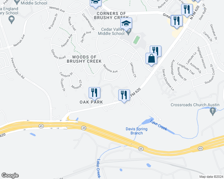 map of restaurants, bars, coffee shops, grocery stores, and more near 15510 Highway Rr 620 North in Austin