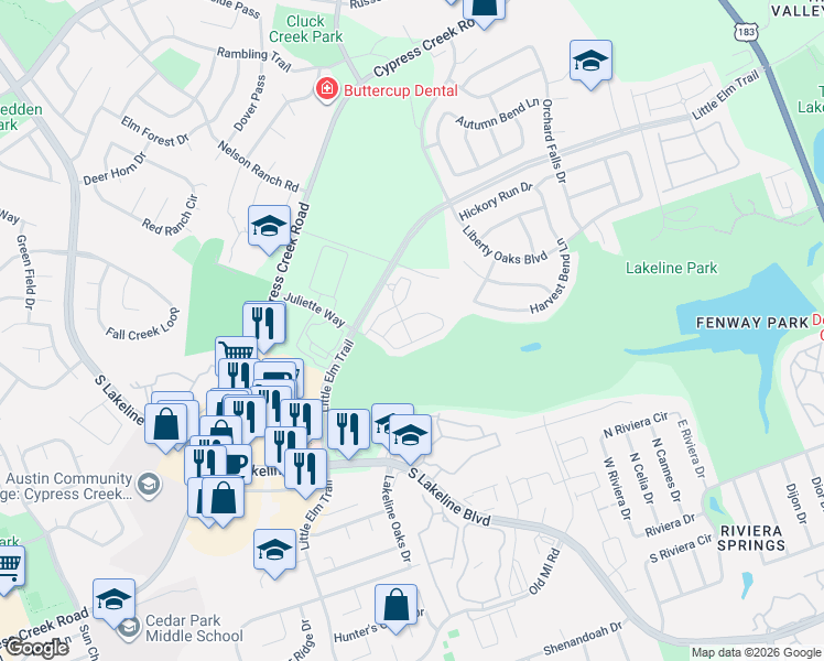map of restaurants, bars, coffee shops, grocery stores, and more near 1900 Little Elm Trail in Cedar Park