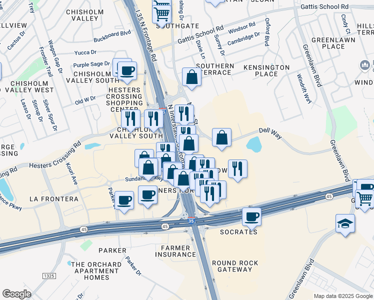 map of restaurants, bars, coffee shops, grocery stores, and more near 2501 South Interstate 35 in Round Rock