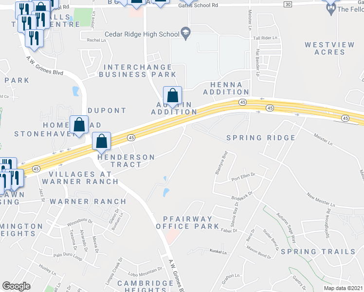 map of restaurants, bars, coffee shops, grocery stores, and more near 33 Roundville Lane in Round Rock