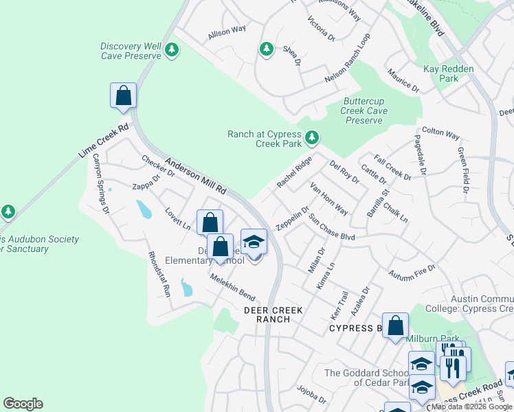 map of restaurants, bars, coffee shops, grocery stores, and more near 2205 Rachel Ridge in Cedar Park