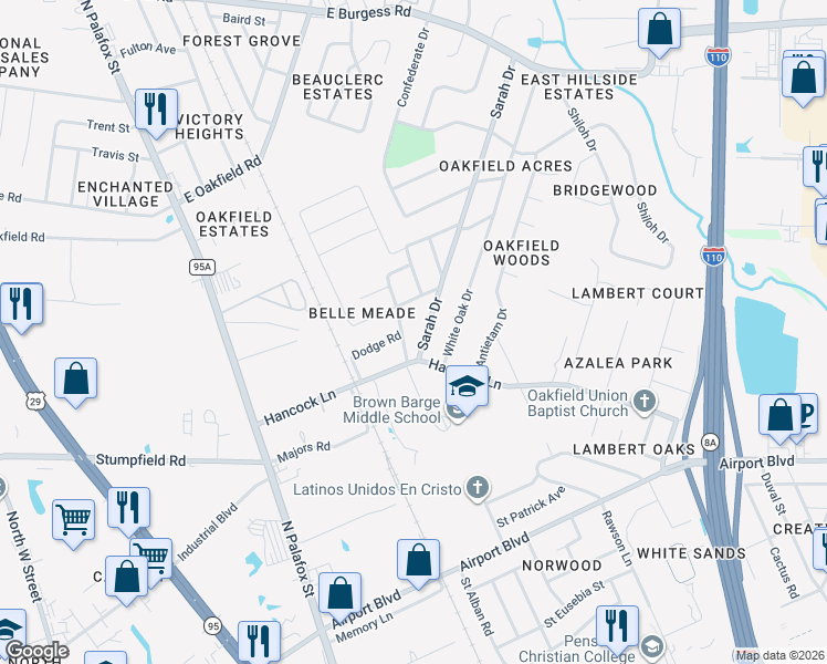 map of restaurants, bars, coffee shops, grocery stores, and more near 5906 Sarah Drive in Pensacola