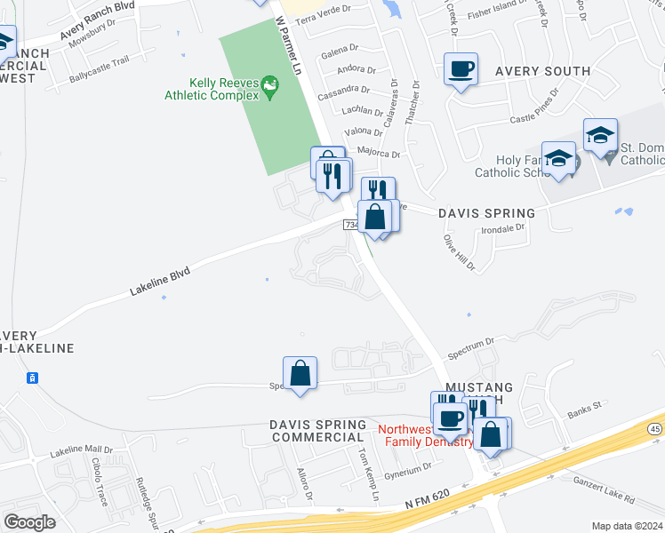 map of restaurants, bars, coffee shops, grocery stores, and more near 9801 West Parmer Lane in Austin