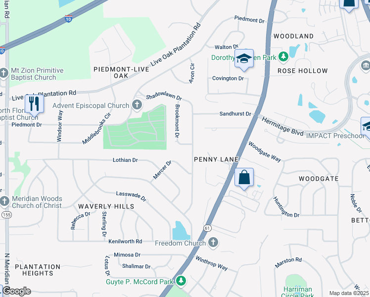 map of restaurants, bars, coffee shops, grocery stores, and more near 1001 Altamont Drive in Tallahassee