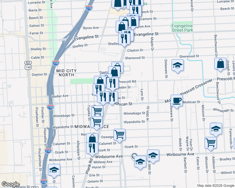map of restaurants, bars, coffee shops, grocery stores, and more near 3315 Weller Avenue in Baton Rouge