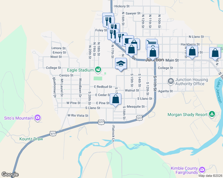 map of restaurants, bars, coffee shops, grocery stores, and more near 314 East Redbud Street in Junction
