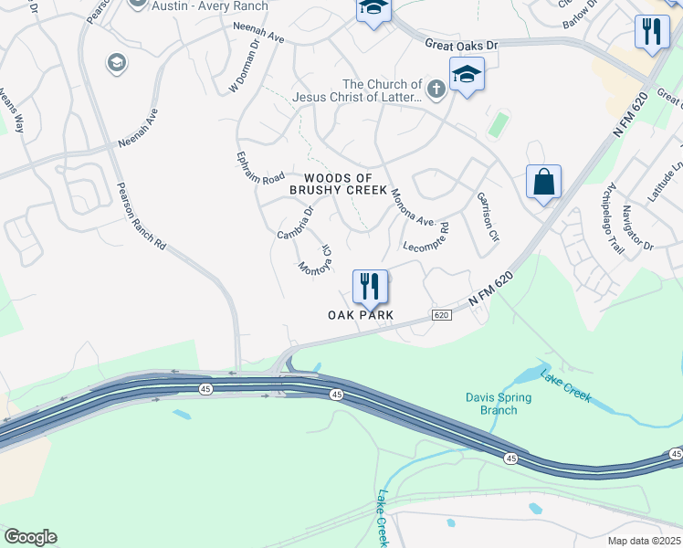 map of restaurants, bars, coffee shops, grocery stores, and more near 15409 Montoya Cove in Austin