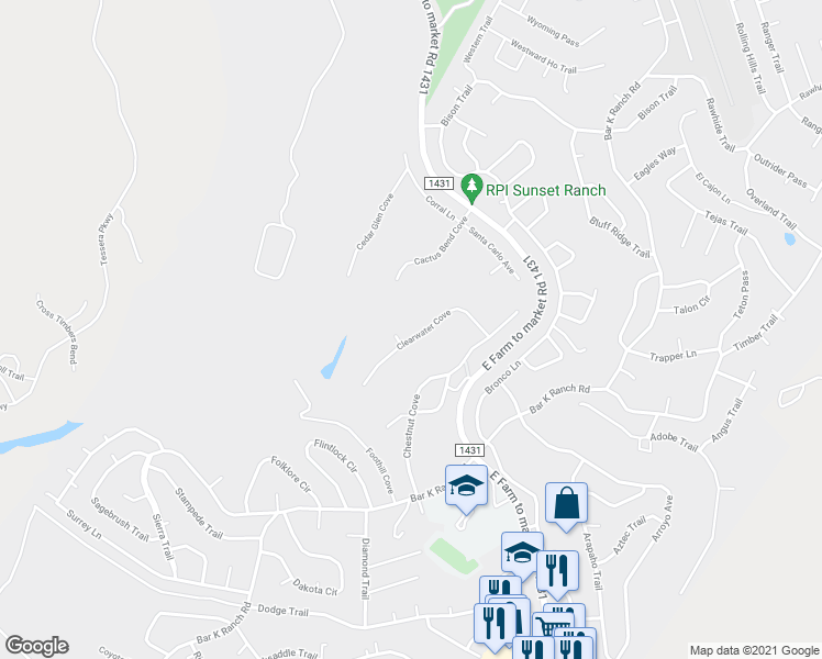 map of restaurants, bars, coffee shops, grocery stores, and more near 8126 Clearwater Cove in Leander