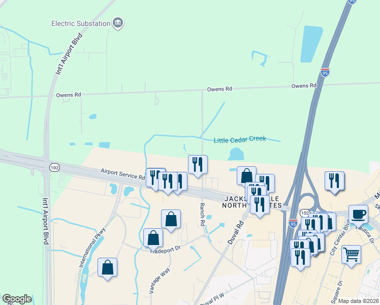 map of restaurants, bars, coffee shops, grocery stores, and more near 13800 Ranch Road in Jacksonville