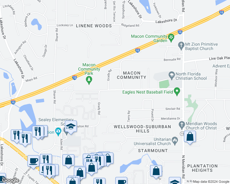 map of restaurants, bars, coffee shops, grocery stores, and more near 125 Henderson Road in Tallahassee