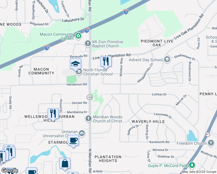 map of restaurants, bars, coffee shops, grocery stores, and more near 605 Middlebrooks Circle in Tallahassee