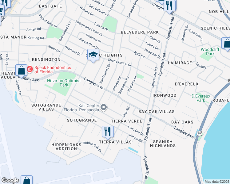 map of restaurants, bars, coffee shops, grocery stores, and more near 5715 Keystone Road in Pensacola