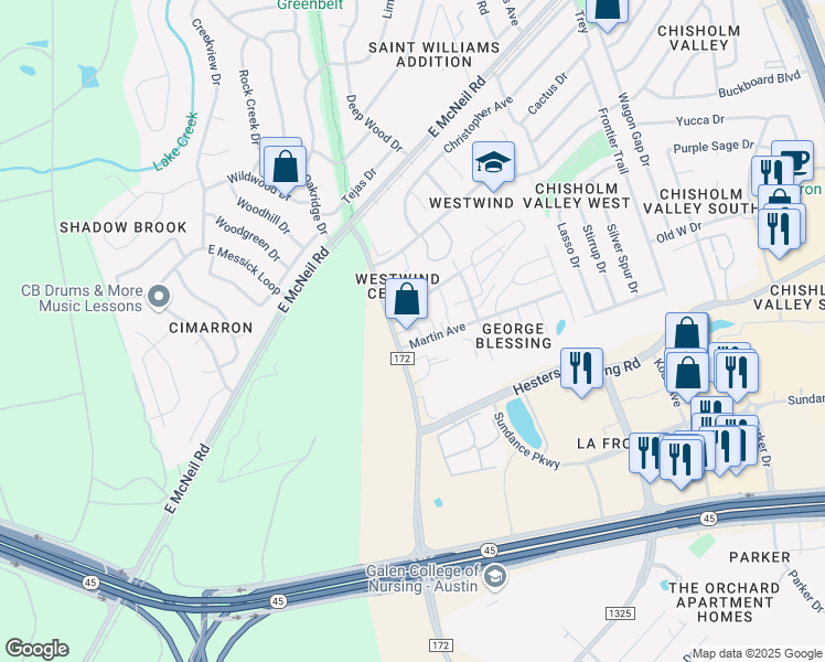 map of restaurants, bars, coffee shops, grocery stores, and more near 2502 County Road 172 in Round Rock