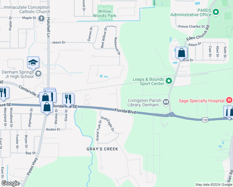 map of restaurants, bars, coffee shops, grocery stores, and more near 9101 Louisiana Avenue in Denham Springs