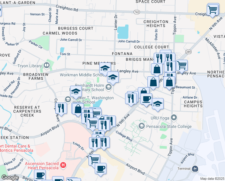 map of restaurants, bars, coffee shops, grocery stores, and more near 6101 Lanier Drive in Pensacola
