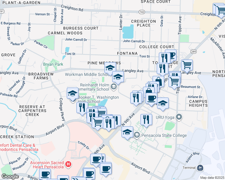 map of restaurants, bars, coffee shops, grocery stores, and more near 6101 Lanier Drive in Pensacola
