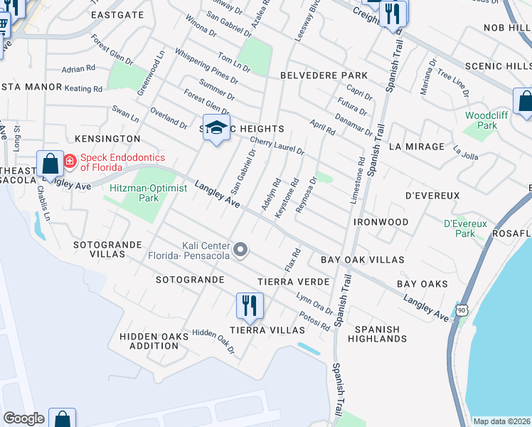 map of restaurants, bars, coffee shops, grocery stores, and more near 5715 Keystone Road in Pensacola