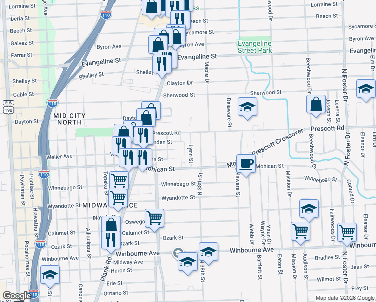 map of restaurants, bars, coffee shops, grocery stores, and more near 4006 Lynn Street in Baton Rouge